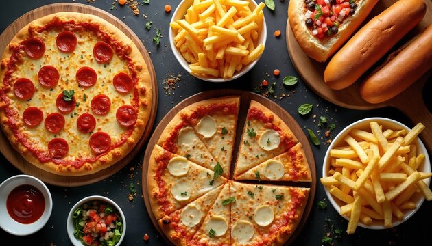 Piled pizza slices, french fries, and hot dogs with toppings are arranged on a dark background. These fast foods look tasty and ready to eat. Great for any food related concept.