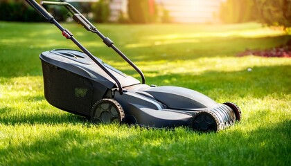 close up of electric lawn mower cutting green grass on sunny day in backyard concept of gardening lawn care and landscaping