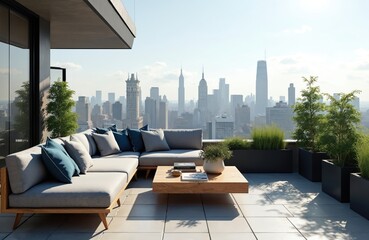 Obraz premium Modern rooftop terrace with city views features plush sectional sofa, coffee table. Urban green plants adorns luxury penthouse balcony overlooking skyscrapers. People relax outdoors enjoying