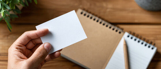 Obraz premium Close-up of hand holding blank white business card over wooden desk with spiral notebooks and pencil in background
