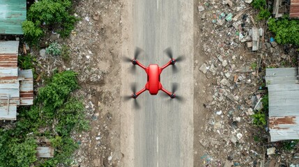 Red drone hovering above ruined settlement with rubble and vegetation