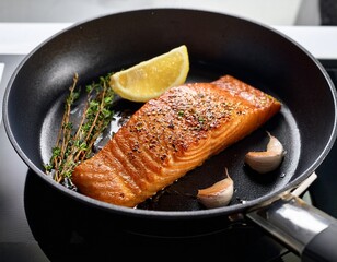 two slices of fresh salmon fillet with a crispy fried skin in a black pan with garlic thyme and lemon on the stove cooking a delicious seafood meal selected focus narrow depth of field
