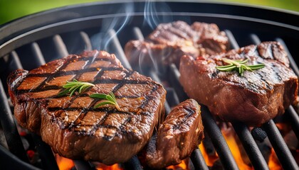 close up of meat steaks with grill marks grilling on barbecue over hot charcoal briquettes concept of outdoor cooking and summer picnic