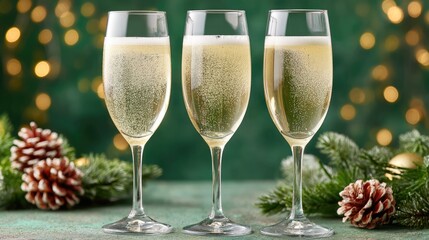 Three Champagne Glasses with Festive Holiday Decoration