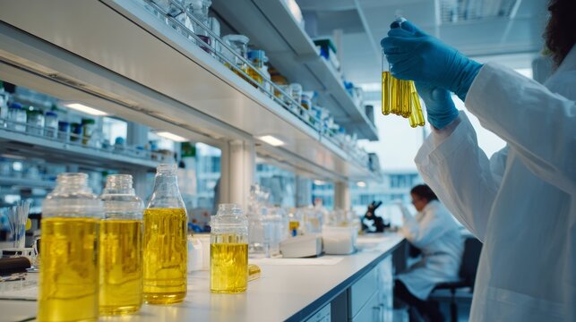 Laboratory Research on Yellow Liquid Samples with Scientists Analyzing Biological Substances in a Controlled Environment