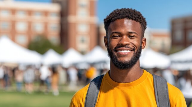 Happy College Student Standing on University Campus During Student Event