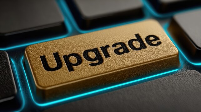 Golden Upgrade Key on Computer Keyboard with Futuristic Lighting - Powered by Adobe
