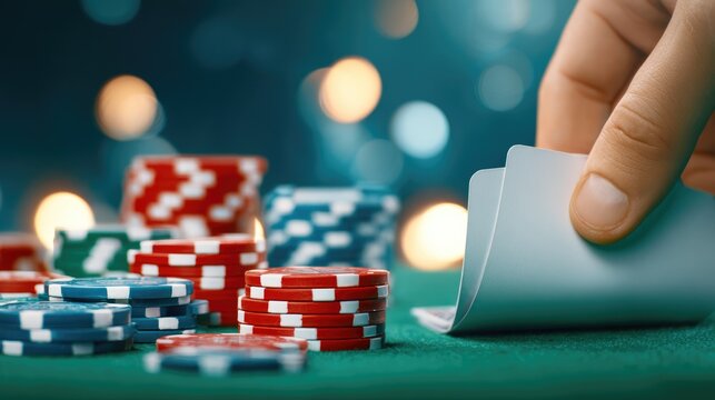 Poker Chips and Cards on Casino Table