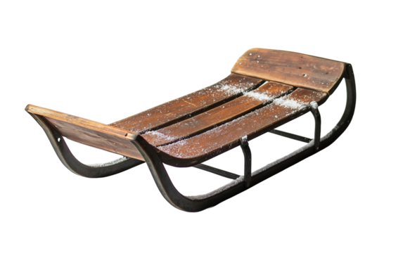 Vintage wooden sled with metal runners arranged for outdoor winter activities and alpine adventure isolated on transparent background PNG