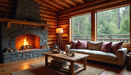 Cozy living room interior inside a log cabin. Fireplace with burning fire provides warmth. Sofa with pillows near window with forest view. Wooden table with decor.
