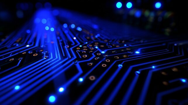 Blue illuminated circuit board with microchip and electronic components transmitting data
