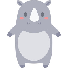 Cute Grey Rhino Cartoon Character With Pink Cheeks Standing On A Transparent Background With A White Horn And Big Belly