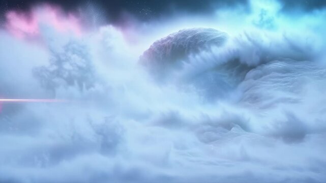 A bright abstract cloud vortex formation with streaks of electric light. A dynamic digital art background with the movement of a huge body of water.