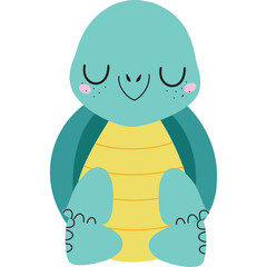 Cute Teal Turtle Character With Closed Eyes and Pink Cheeks Sitting Calmly On A Transparent Background