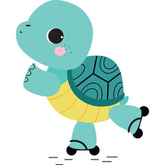 Adorable Cartoon Turtle Character Skating With Cute Expression And Blue Green Teal Body On Roller Skates