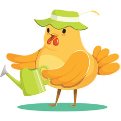 Charming cartoon chicken wearing a green hat and holding a watering can with a transparent background is ready for gardening activities
