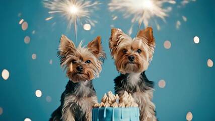 Two small dogs with lit candles on a cake against a festive backdrop.