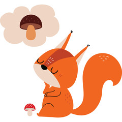 Cute Cartoon Squirrel Sitting Thinking About A Mushroom With A Small Mushroom Nearby On A Transparent Background