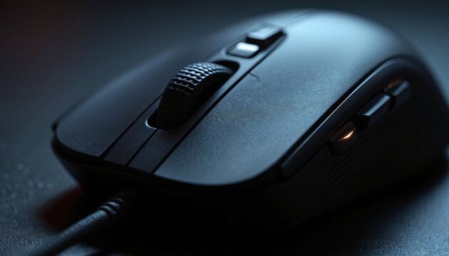 Black computer mouse with scroll wheel and buttons. Ergonomic device for digital navigation and control. Modern tech gadget for gaming or office work. Precision input tool.