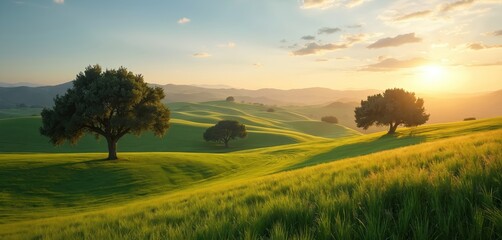 Obraz premium Green rolling hills and cereal fields stretch towards horizon under warm sunset sky. Ancient holm oaks stand solitary in verdant landscape. Gentle undulations shape terrain, catching golden light.