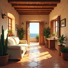 Fototapeta premium Classic Mediterranean villa interior with terracotta floors wooden beamed ceiling and view of blue sea through open doors. Comfortable sofa and small desk add warmth.