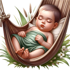Sleeping baby in woven hammock with green cloth and flowers, Soft natural newborn illustration