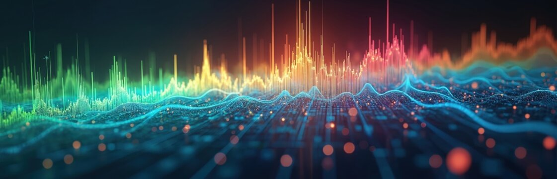 Abstract tech illustration of electromagnetic waves spectrum in high frequency. Digital visual data transmission concept. Modern scientific background, communication tech or radio wave concept.
