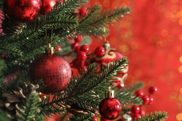 Beautiful ornaments on Christmas tree against red background with blurred lights, closeup. Bokeh effect