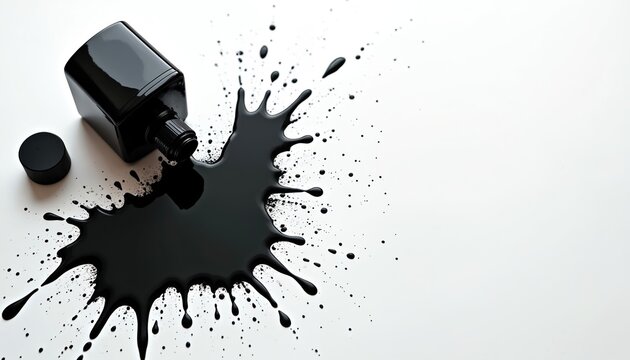 Black ink bottle fell over, spilling fluid in a splatter mess on white surface. Drops and dark stain spread out creating abstract pattern. Creative messy accident with liquid.