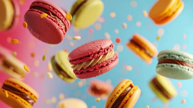 An array of vibrant macaroons with a sprinkled topping in a soft pink and blue pastel backdrop.