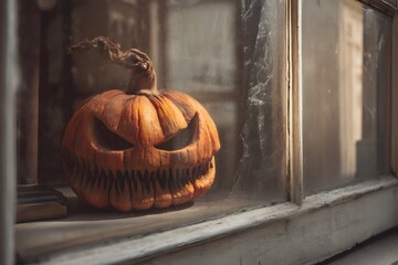 Eerie jack-o'-lantern sits in an old window, glowing with spooky anticipation