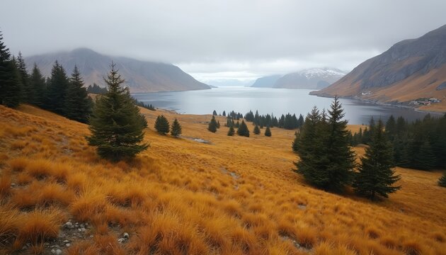 Autumn nature view in Norway Lofoten Islands shows deep fjord bay with calm water. Majestic mountains rise, yellow grass covers hillsides, green fir trees dot slope, under gray cloudy sky. Remote