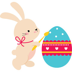 Cute Light Brown Bunny Painting a Bright Blue Easter Egg with Pink and Yellow Decorations and White Polka Dots with a Yellow Brush and a Red Bow Around Its Neck on a Transparent Background