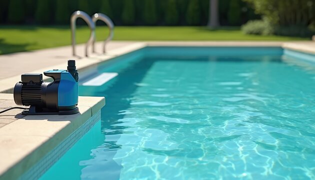 Blue pool pump sits on edge of clean swimming pool with clear turquoise water. Summer preparation for backyard relaxation and swimming enjoyment.