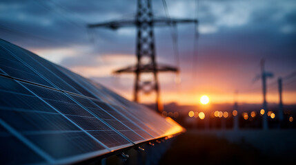 Photovoltaic panels with turbines and electricity pylon at sunset defocused evening background clean energy concept renewable power generation sustainable infrastructure