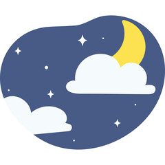 Cartoon Crescent Moon Among Fluffy Clouds In A Starry Night Sky With A Dark Blue Background And A Transparent Background Design