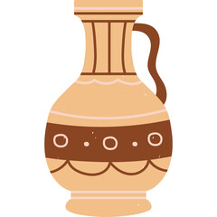 Ancient Ceramic Amphora With Handle And Decorative Band Featuring Circles And Arches In Earth Tones On Transparent Background