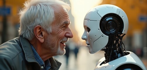 An elderly man smiles speaking with a robot in outdoor city. The humanoid machine faces senior with interest. Concept of artificial intelligence tech assisting older generation.