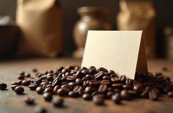 Blank card rests on pile of dark roasted coffee beans. Background shows bags and pottery. Use for branding, cafes, or promotions. Space for text. - Powered by Adobe