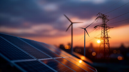Photovoltaic panels with turbines and electricity pylon at sunset defocused evening background clean energy concept renewable power generation sustainable infrastructure