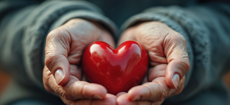 Senior hands gently hold bright red heart, love, care, compassion, kindness. Elderly person offers warmth, heartfelt emotions, representing giving, support, charity. Health, family connection concept