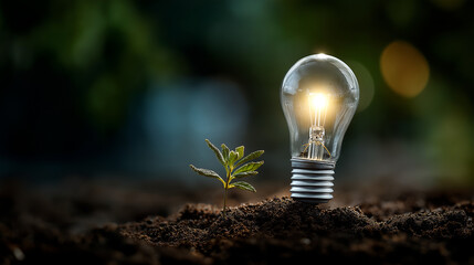 Illumination device tree with sunlight on soil defocused environmental background save world concept energy power visualization ecological sustainability symbolism green