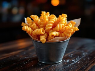 Curly fried potato as a snack on a bar table