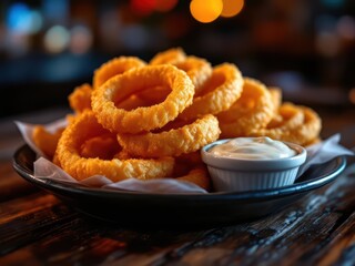 Crispy and tasty onion rings as a bar snack