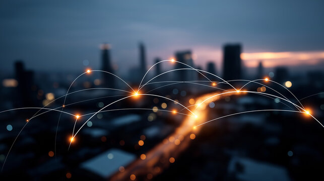 Wireless network and connection technology concept defocused abstract city background digital infrastructure visualization urban connectivity scene communication grid display