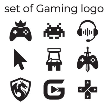 Modern Gaming Logos Vector Icons Collection: Black Esports Symbols Featuring Controllers, Headsets, and Dragon Shields for Creative Design Projects.