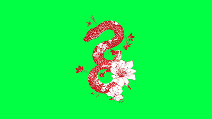Red snake floral design on green screen background
