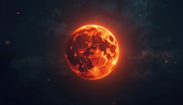 Celestial full moon in deep dark night cosmos. Red planet glows brightly. Starry night sky background with clouds. Science astronomy wallpaper about universe exploration, celestial bodies astrology - Powered by Adobe