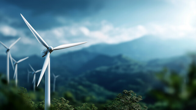 Clean energy industry with turbine farms on elevated mountains defocused aerial background green power installation wind energy generation sustainable electricity production