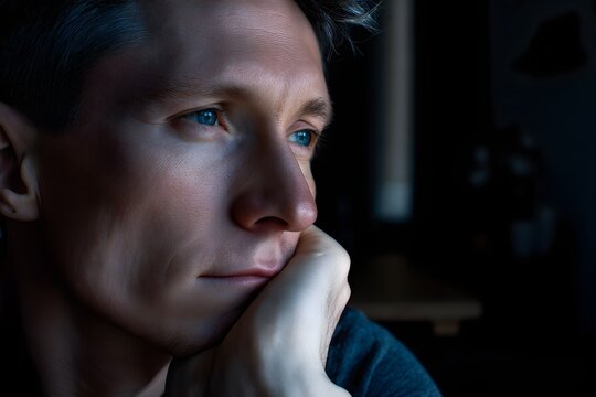 Contemplative man resting his face on his hand looks out the window